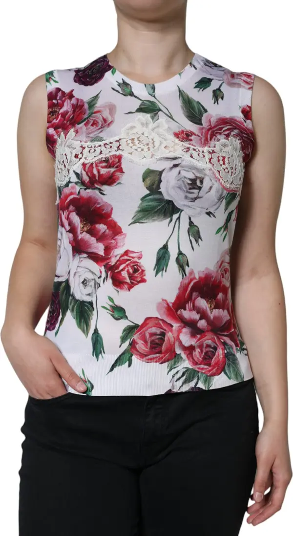 White Floral Lace Silk Sleeveless Tank Top