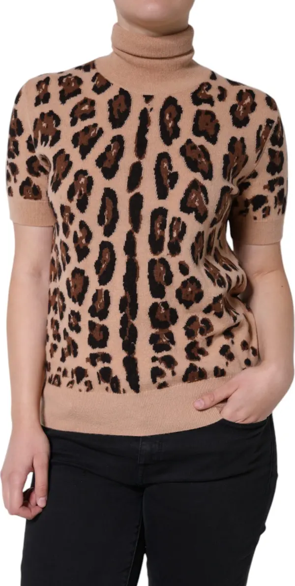 Beige Leopard Print Wool Turtleneck Top