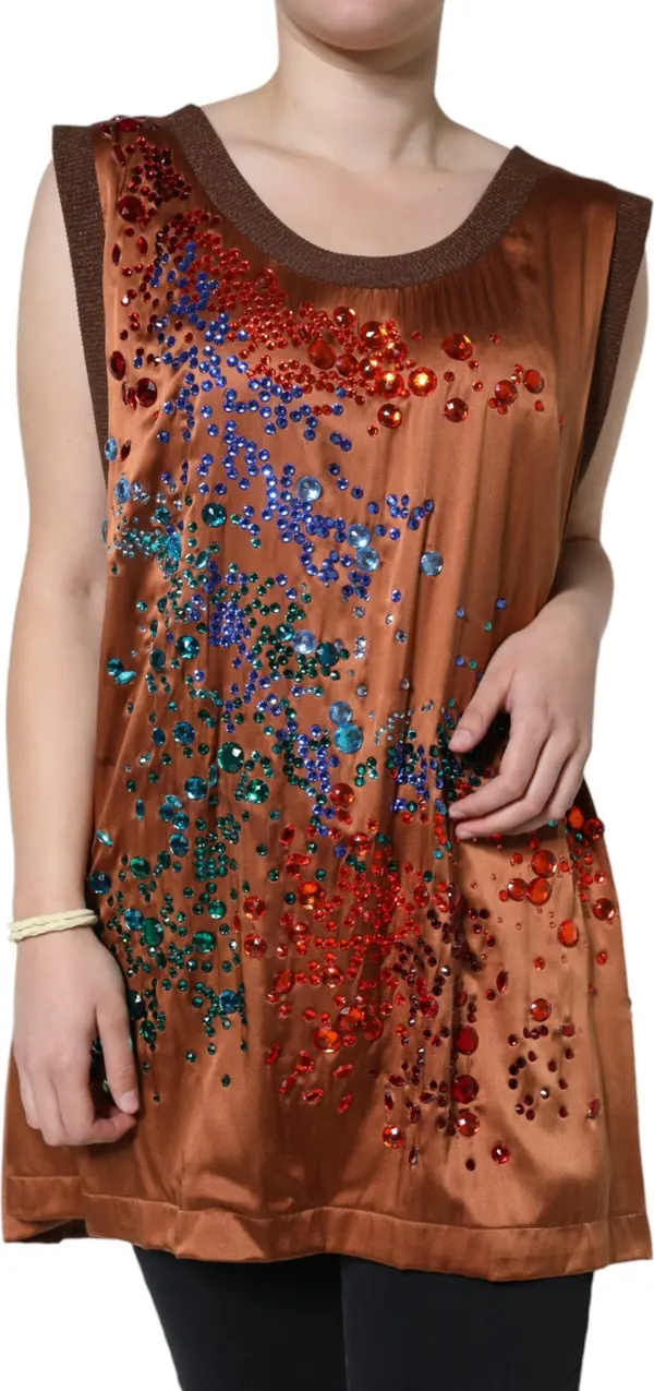 Brown Crystal Embellished Sleeveless Tank Top
