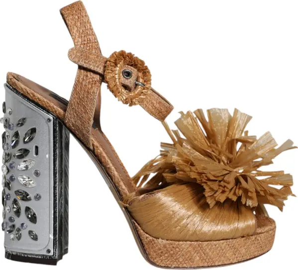 Brown Raffia Ankle Strap Crystal Sandals Shoes