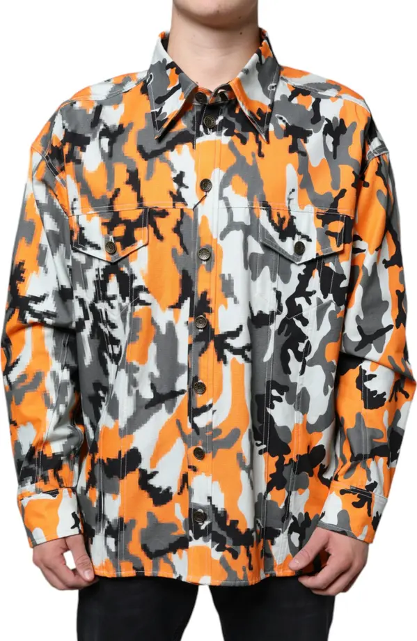 Multicolor Camouflage Cotton Denim Collared Jacket