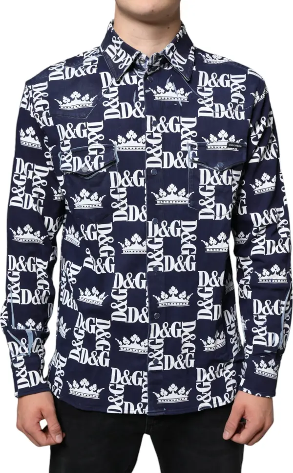 Blue Crown Logo Print Slim Fit Cotton Shirt