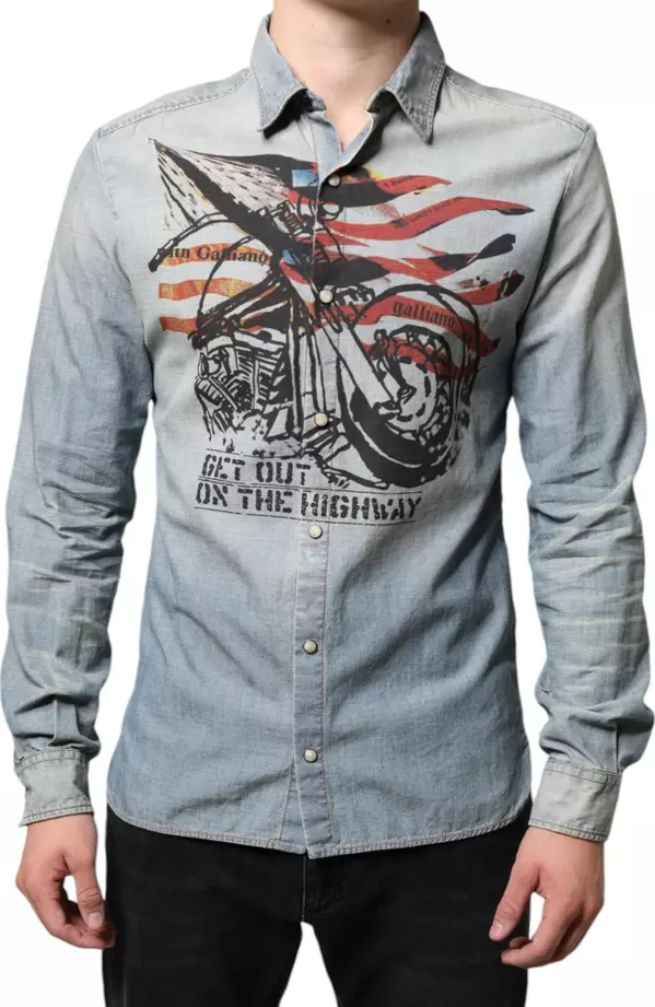 Light Blue Printed Cotton Denim Long Sleeves Shirt