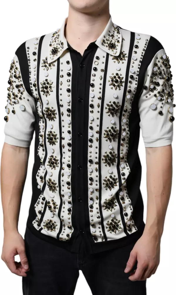 White Black Silk Studded Stone Crystal Shirt
