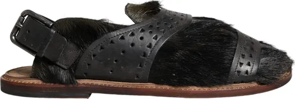 Black Gazelle Hair Leather Flats Sandals Shoes