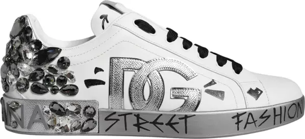 White Silver Crystal Logo Portofino Sneakers Shoes