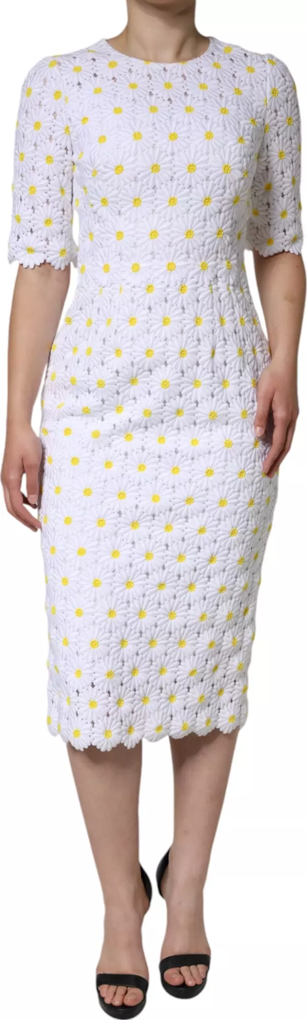 White Daisy Macrame Lace Sheath Midi Dress