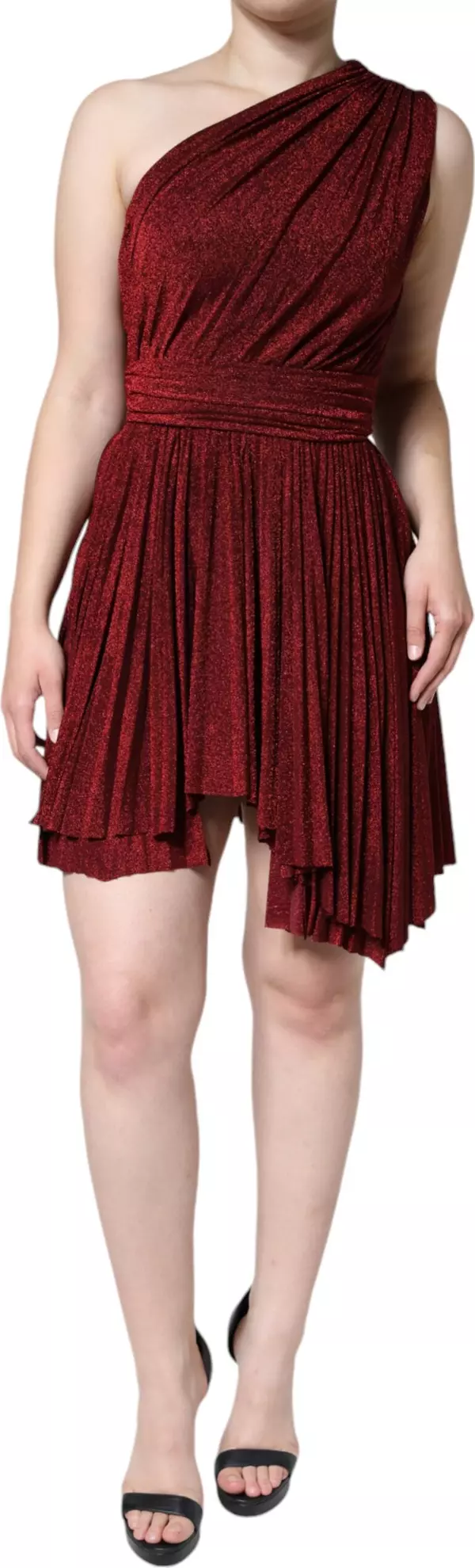 Red One Shoulder Pleated A-line Mini Dress