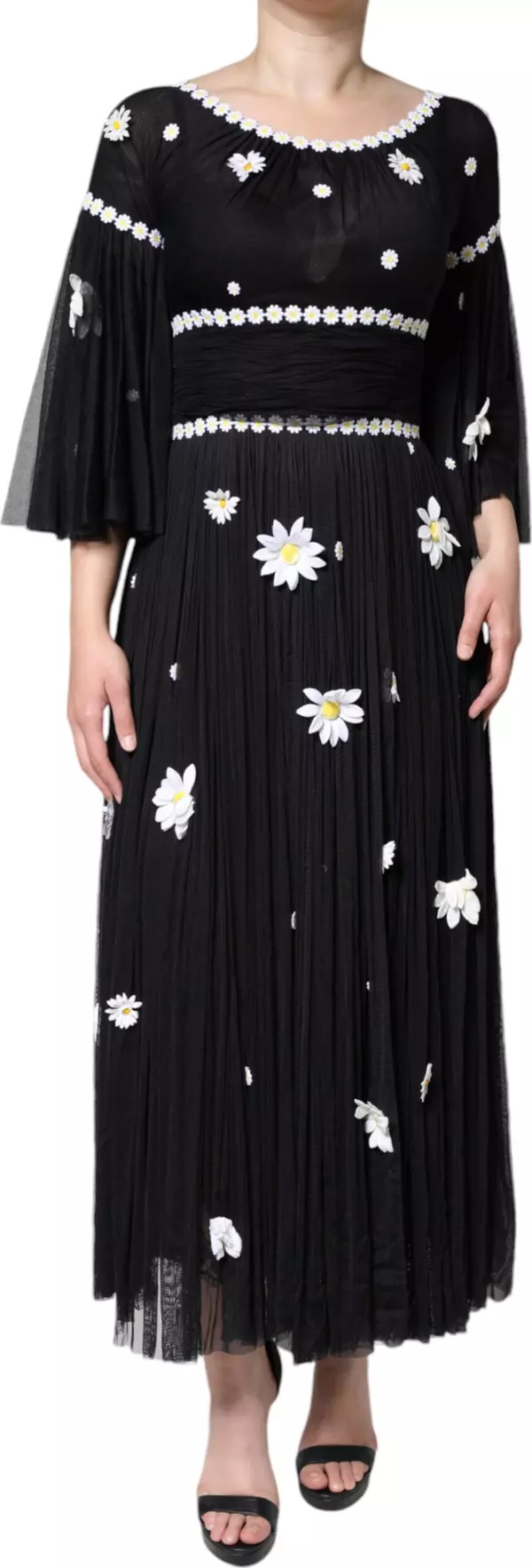 Black Silk Daisy A-line Long Maxi Dress