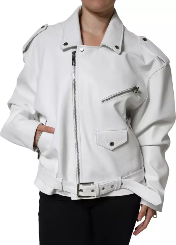 White Lambskin Leather Biker Coat Jacket