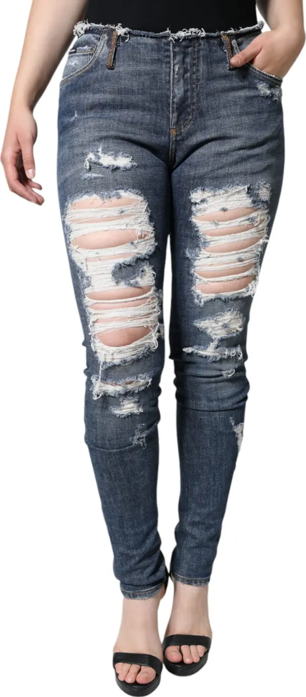 Blue Cotton Stretch Tattered Skinny Jeans