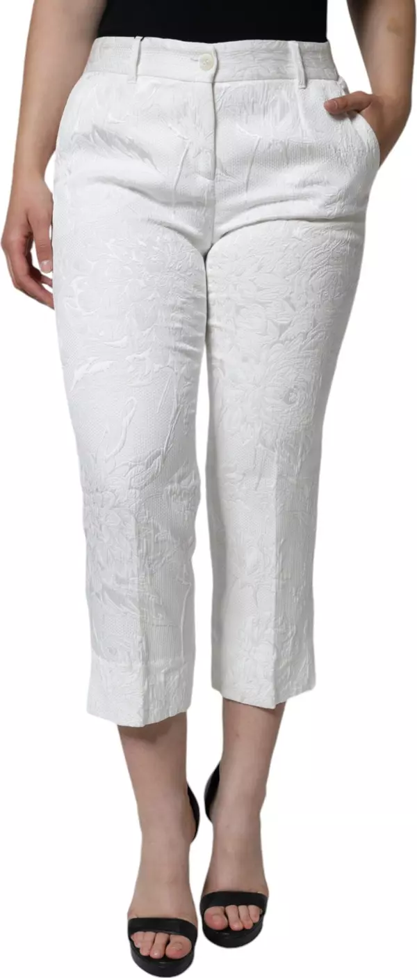 White Floral Brocade Cotton Cropped Pants