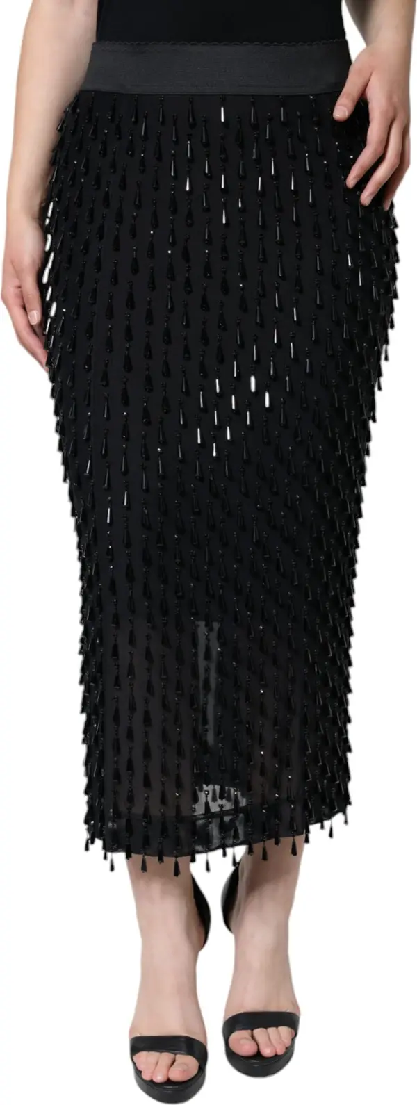 Black Embellished Pencil Cut Midi Skirt