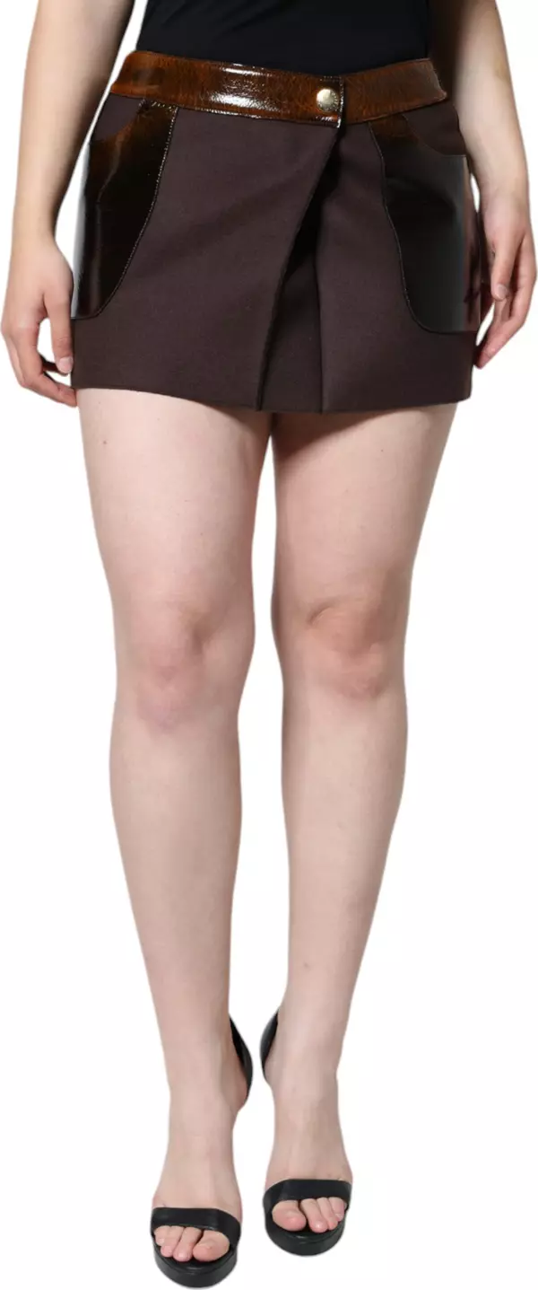 Brown Virgin Wool Mid Waist A-line Mini Skirt