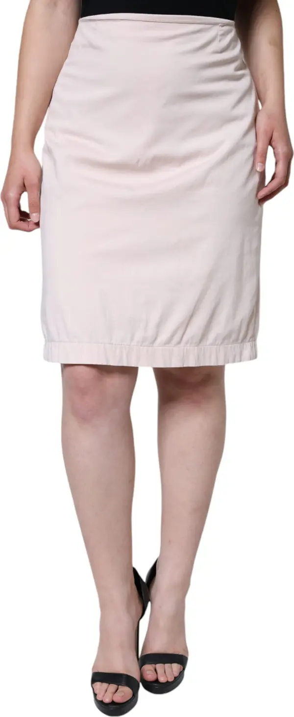 Beige Cotton Stretch Mid Waist Pencil Cut Skirt