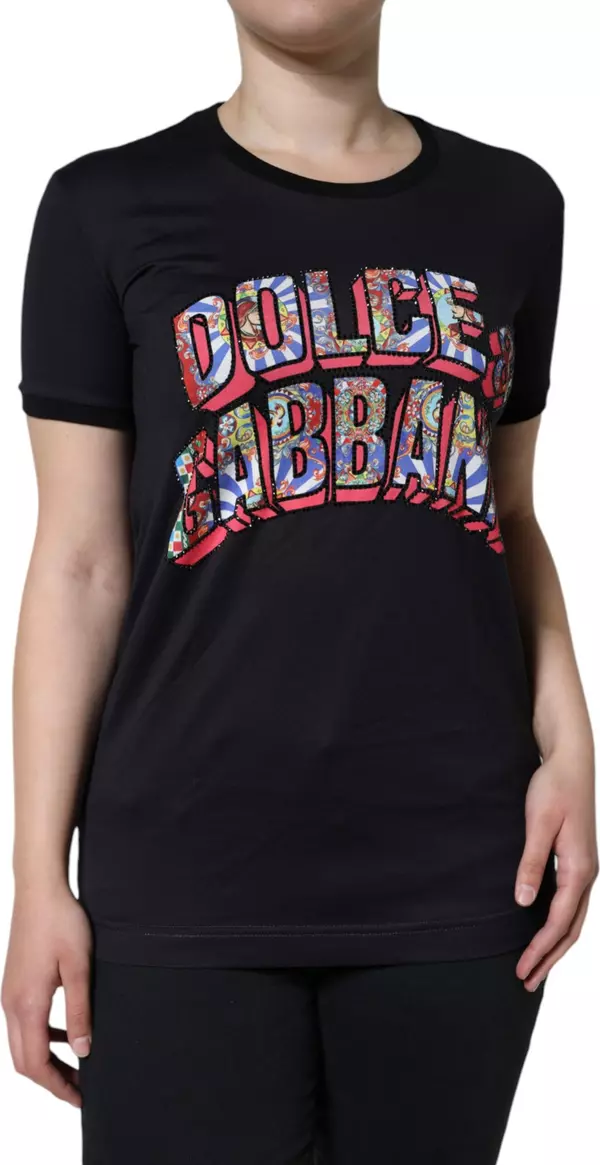 Black Cotton Logo Print Round Neck T-shirt