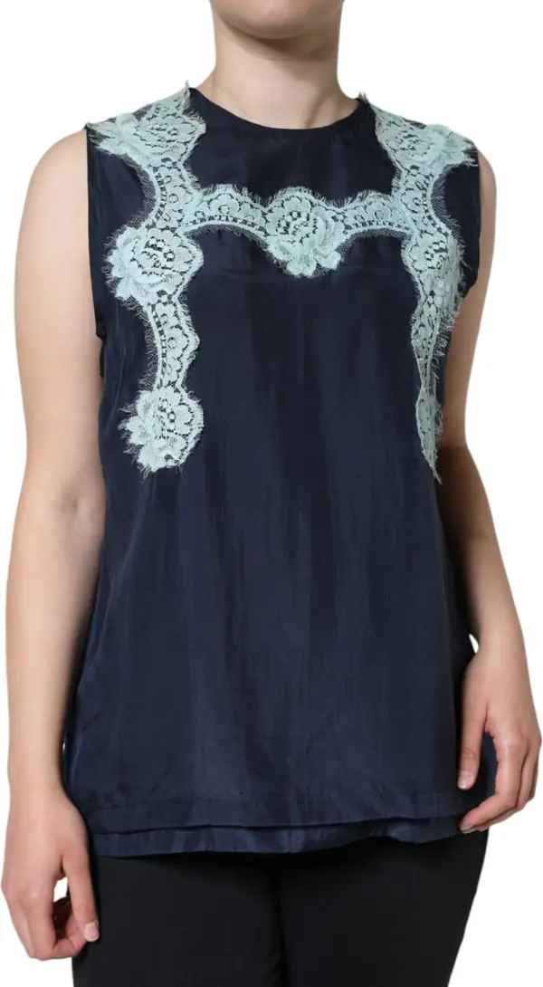 Blue Floral Lace Silk Sleeveless Tank Top