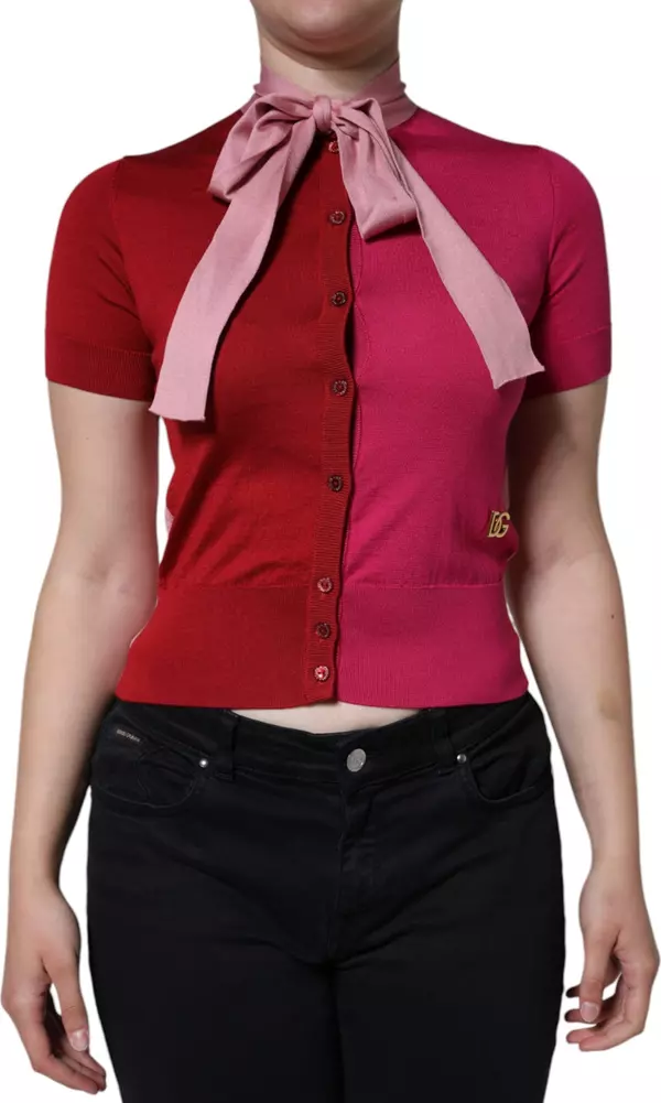 Pink Short Sleeves Pullover Ascot Collar Top