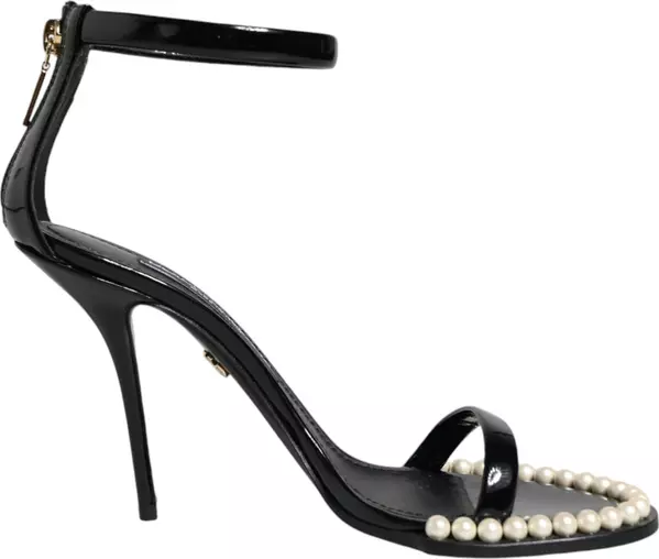 Black Keira Leather Faux Pearl Sandals Heels Shoes