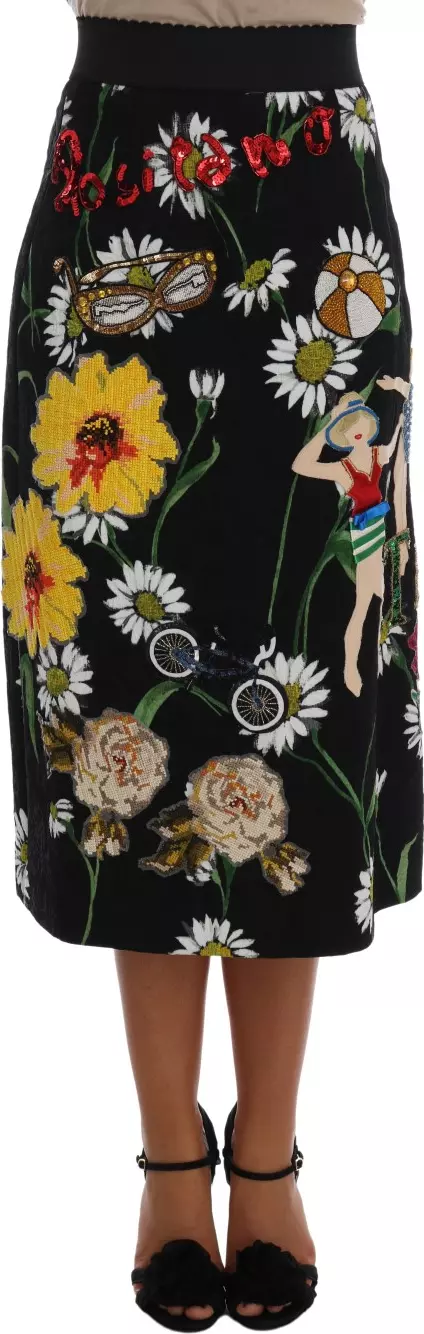 Black Embellished Daisy Brocade Skirt