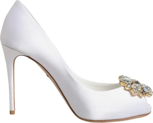 White Crystals Peep Toe Satin Pumps Shoes