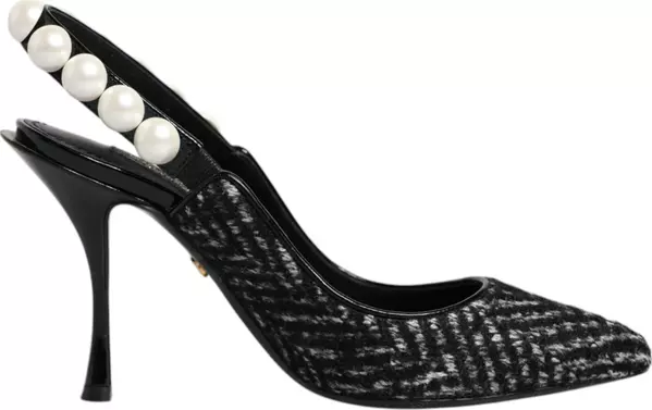 White Black Chevron Faux Pearl Slingback Shoes