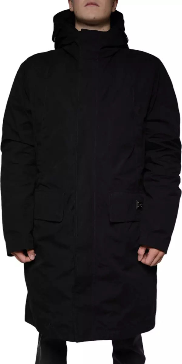 Black Hooded Parka Cotton Trench Coat Jacket