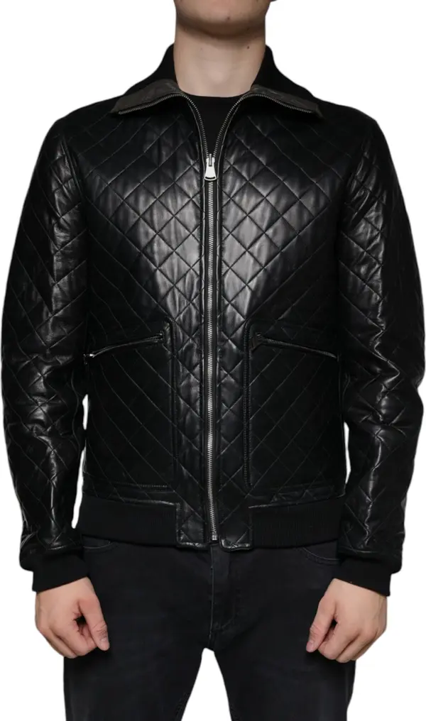 Black Calf Leather Quilted Full Zip Jacket