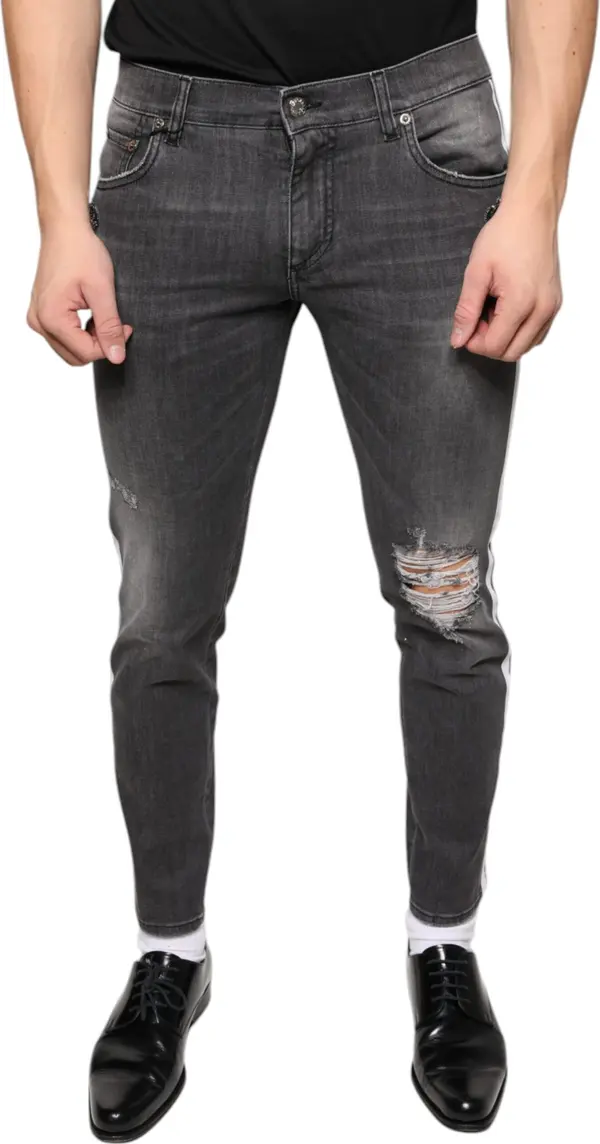 Black Tattered Cotton Skinny Men Denim Jeans