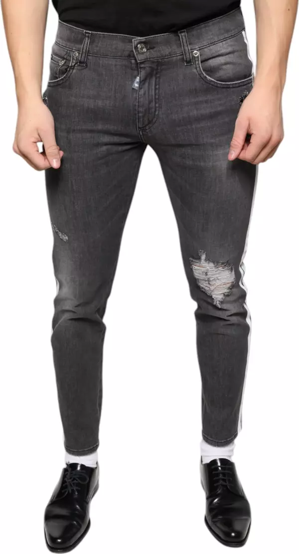 Black Tattered Cotton Skinny Men Denim Jeans