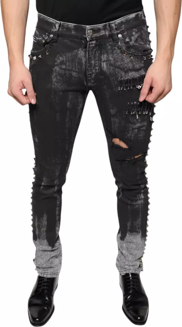 Black Embellished Cotton Skinny Denim Jeans