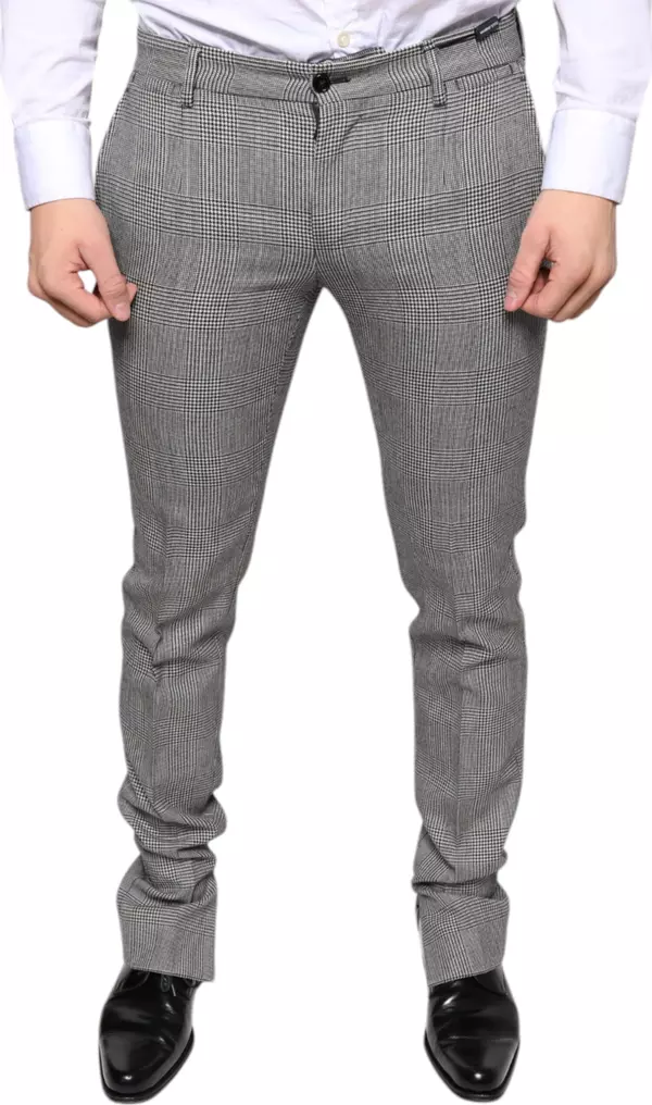 Gray Check Tartan Wool Skinny Pants
