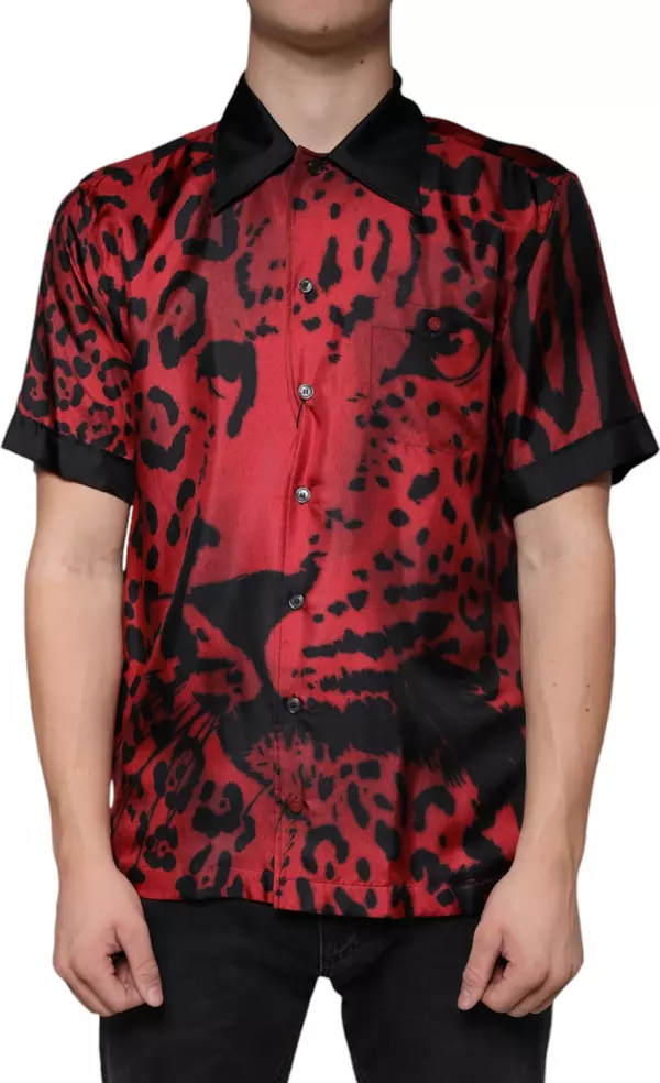 Red Leopard Silk Button Down Casual Shirt