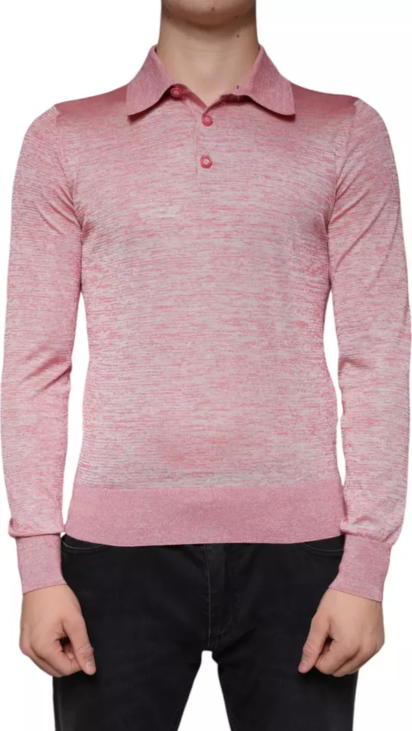 Pink Polyester Long Sleeve Men Polo T-shirt