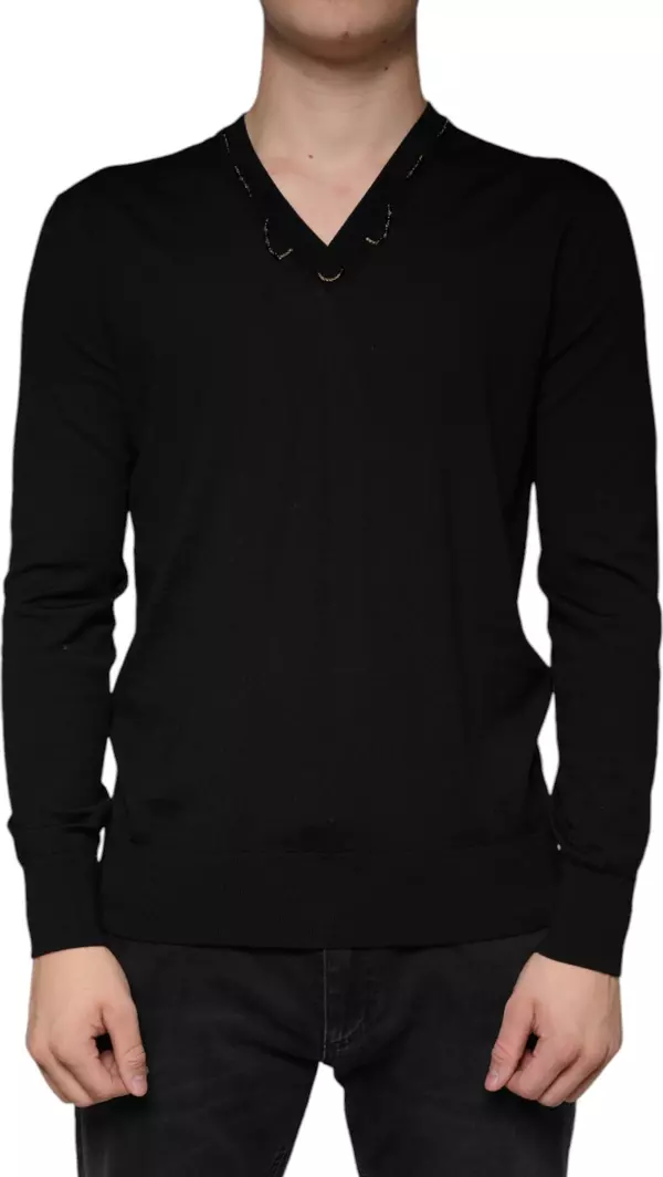 Black Embellished V-neck Pullover Sweater