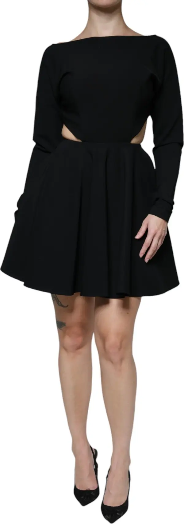 Black Viscose Cut Out A-line Long Sleeves Mini Dress