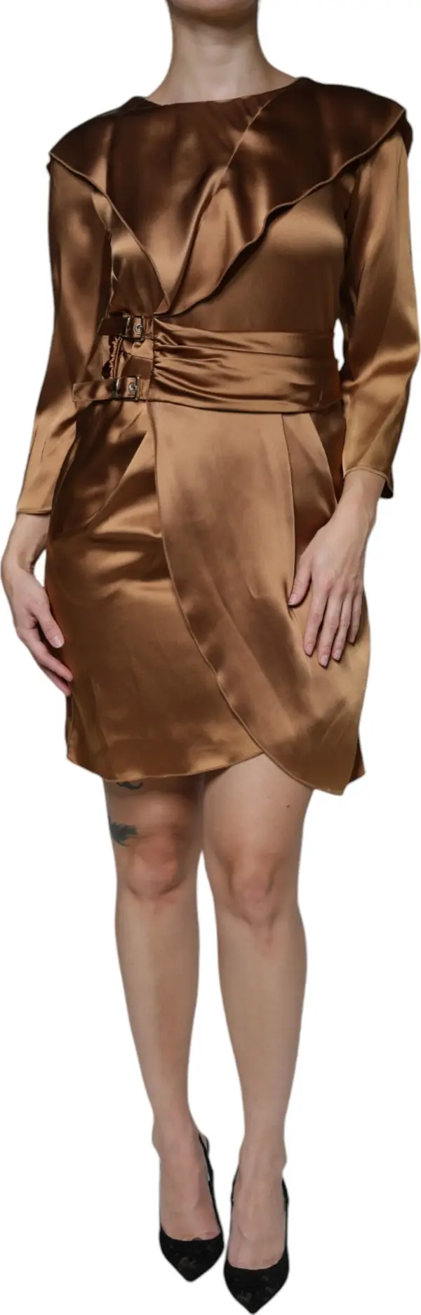 Brown Satin Long Sleeves Wrap Sheath Mini Dress
