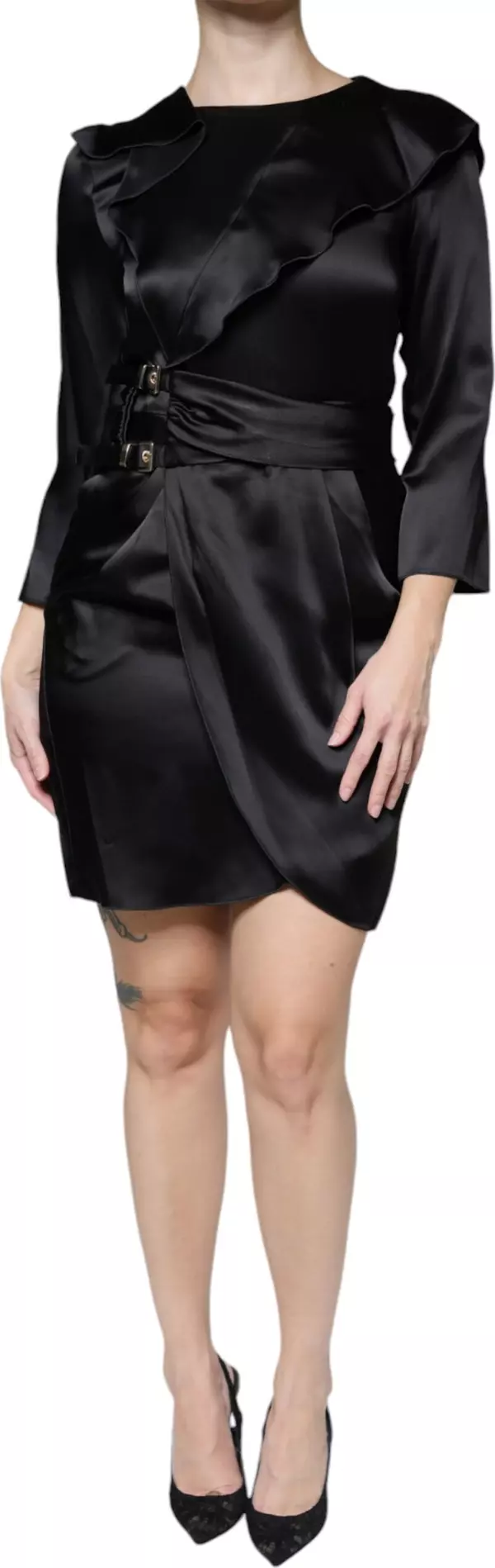 Black Satin Long Sleeves Wrap Sheath Mini Dress