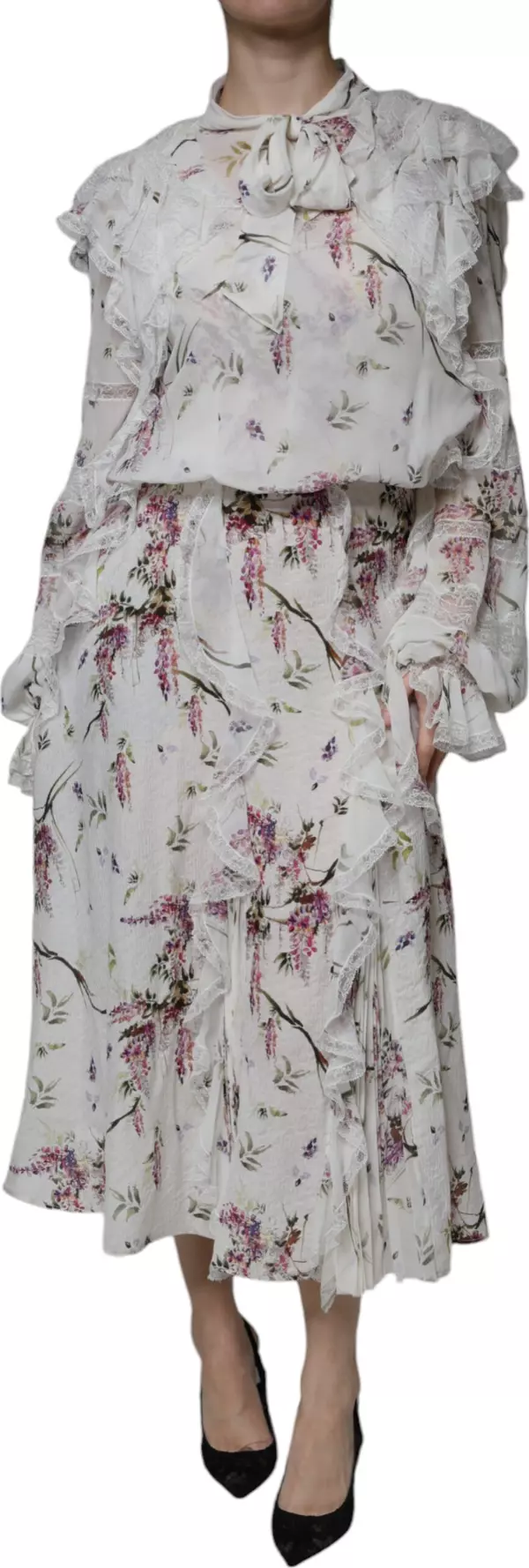 White Floral Ruffles Lace Long Sleeves Maxi Dress