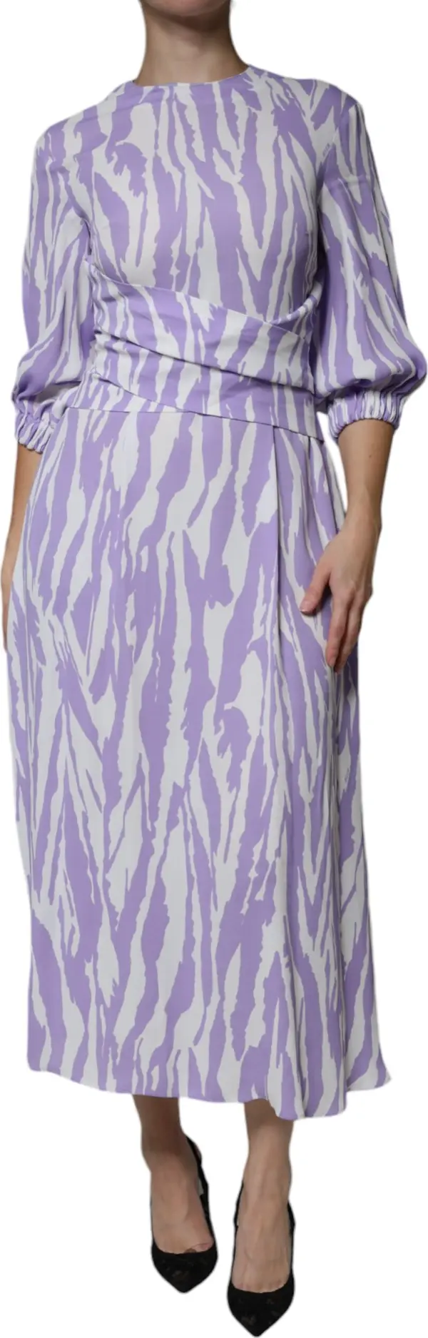 White Purple Patterned Viscose Short Sleeves Maxi Dress