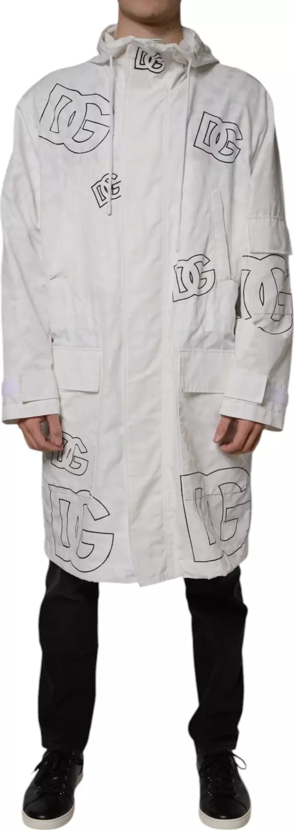 White Hooded Parka Polyester Trench Coat Jacket
