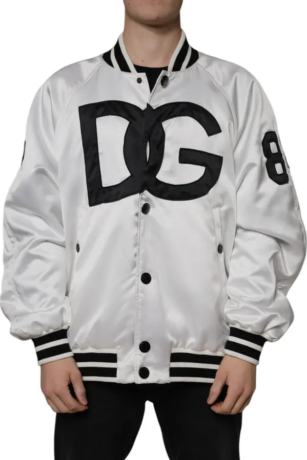 White Polyester Logo Full Zip Bomber Jacket