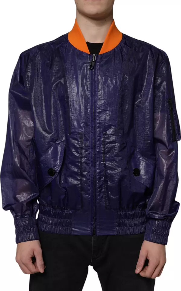 Blue Cotton Stretch Full Zip Bomber Jacket