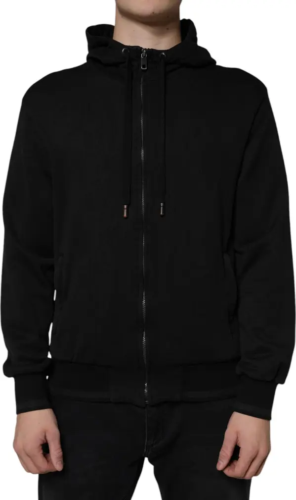 Black Cotton Full Zip Hooded Bomber Jacket