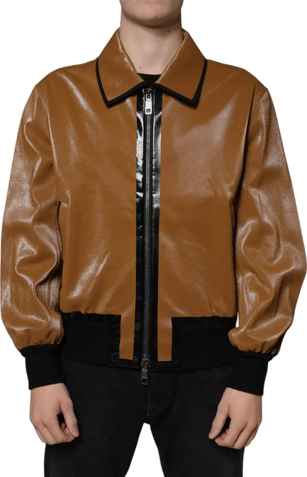 Brown Leather Full Zip Men Bomber Jacket