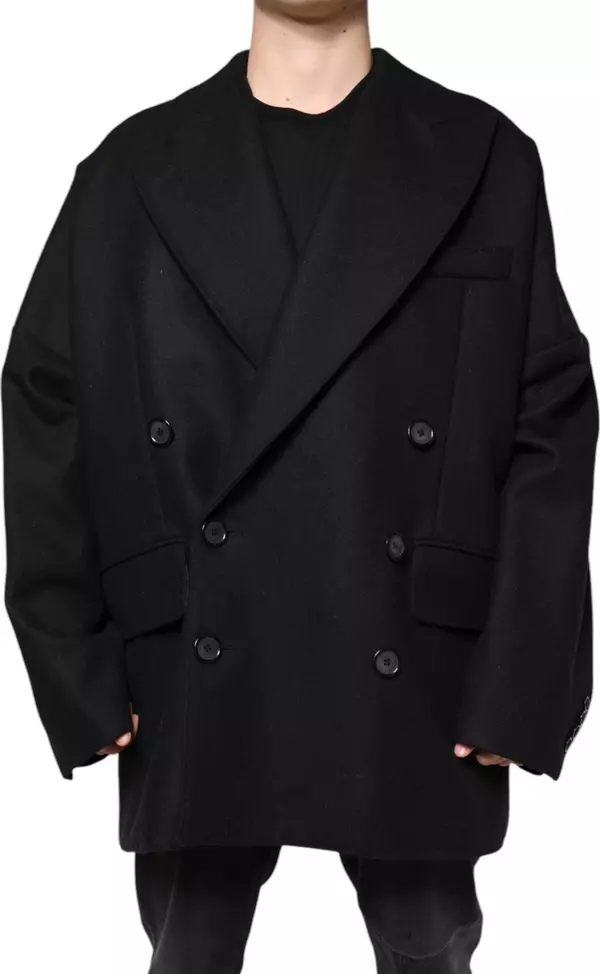 Black Wool Double Breasted Men Coat Jacket