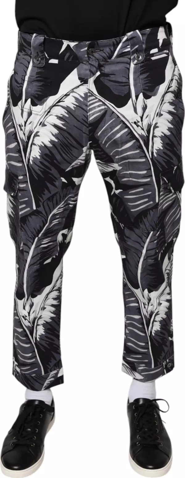 Gray Banana Leaf Cotton Stretch Capri Pants