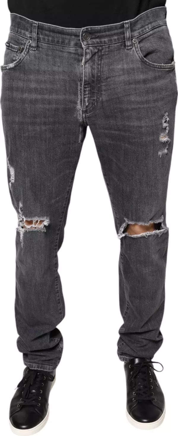 Dark Gray Tattered Cotton Skinny Denim Jeans