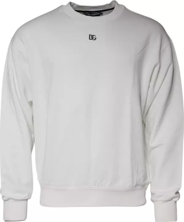 White Logo Cotton Crew Neck Pullover Sweater