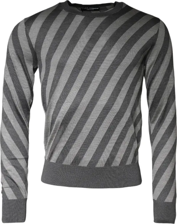 Gray Stripes Long Sleeve Round Neck Pullover Sweater